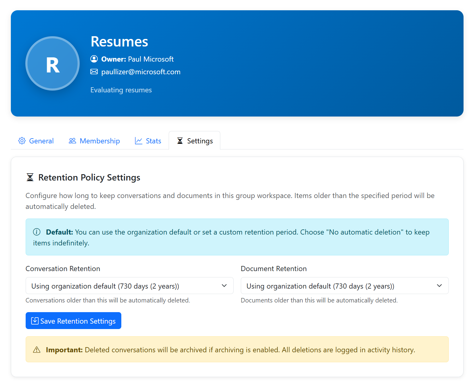 Group retention policy management screenshot