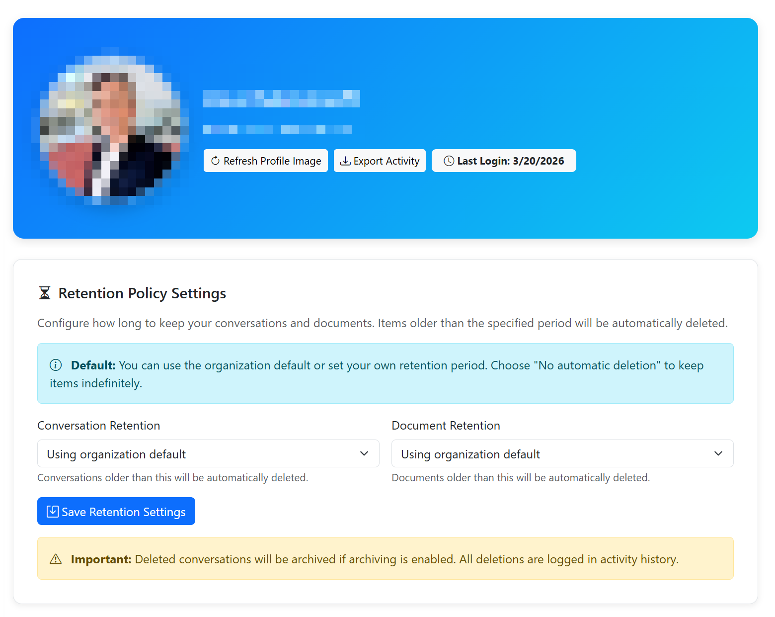 Personal retention settings screenshot