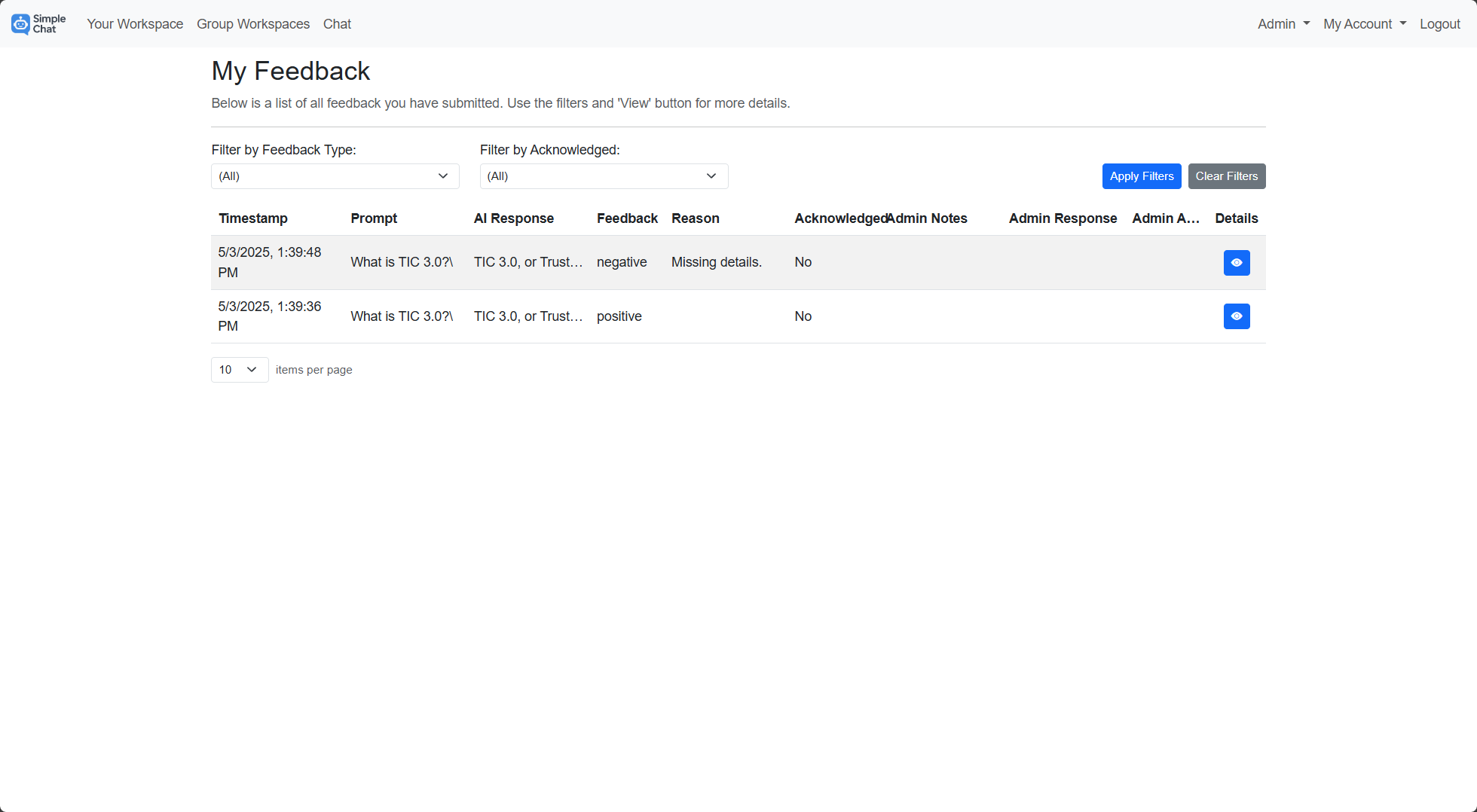 My feedback - List all