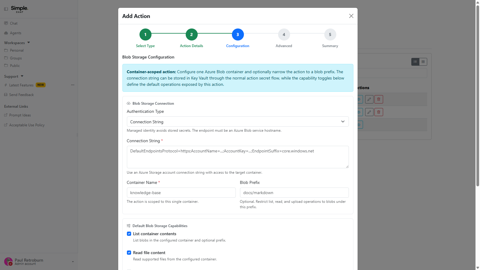 The Blob Storage configuration pane showing the container-scoped notice, authentication type, connection string, container name and blob prefix fields, and the default capability toggles for listing and reading blobs.