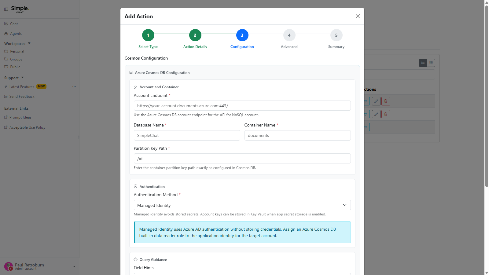 The Cosmos configuration pane showing account endpoint, database, container and partition key path fields, with Managed Identity selected as the authentication method.