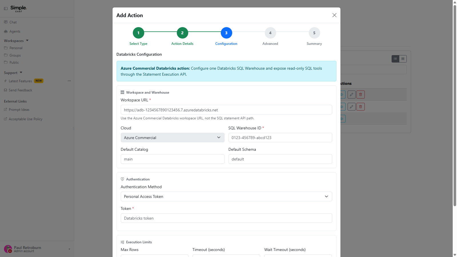 The Databricks configuration pane showing workspace URL, cloud, SQL warehouse ID, default catalog and schema, personal access token authentication, and execution limits.