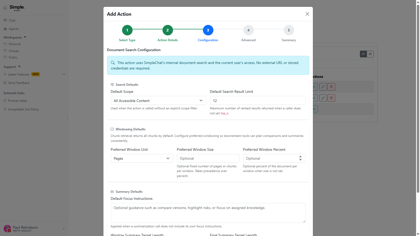 The Document Search configuration pane noting that the action uses internal search and the current user's access, with default scope, result limit, windowing, and summary settings.