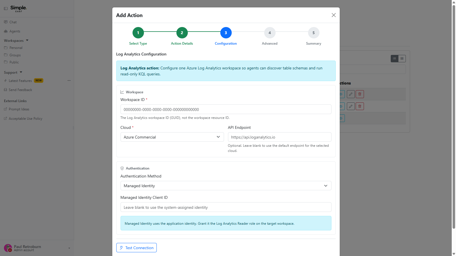 The Log Analytics configuration pane showing workspace ID, cloud and API endpoint fields, Managed Identity authentication with a note about the Log Analytics Reader role, and a Test Connection button.