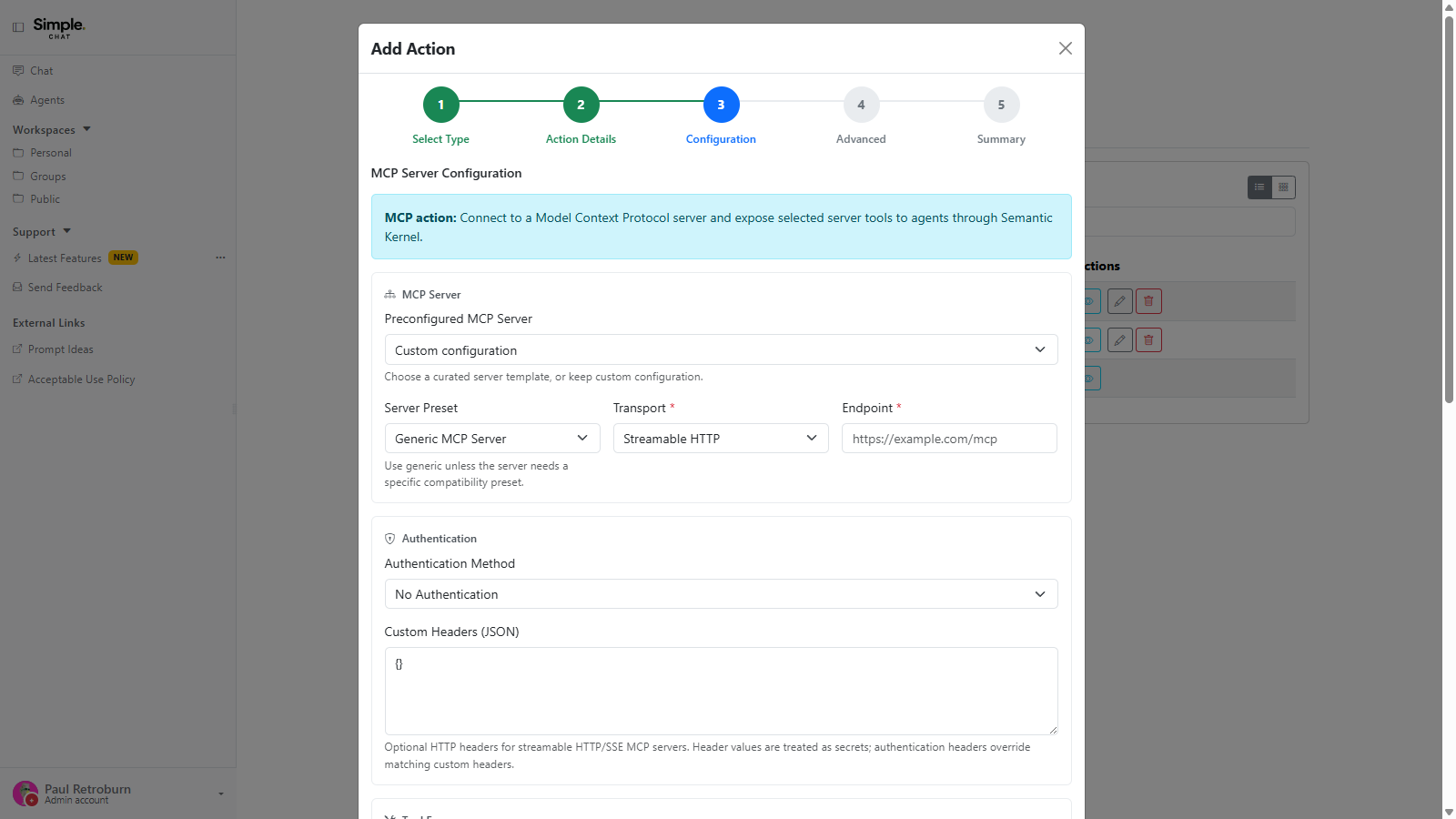 The MCP Server configuration pane showing the preconfigured server template selector, server preset, transport and endpoint fields, the authentication method, and a custom headers JSON box noting header values are treated as secrets.