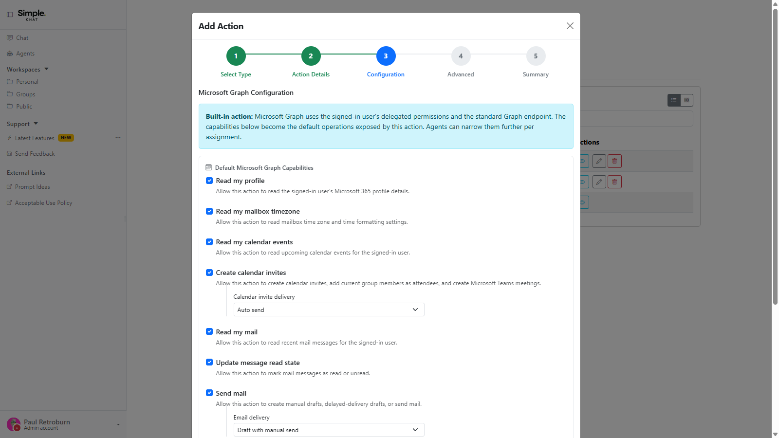 The Microsoft Graph configuration pane noting the action uses the signed-in user's delegated permissions, above capability toggles for reading profile, mailbox timezone, calendar events, and mail, and for creating calendar invites and sending mail with their delivery mode selectors.