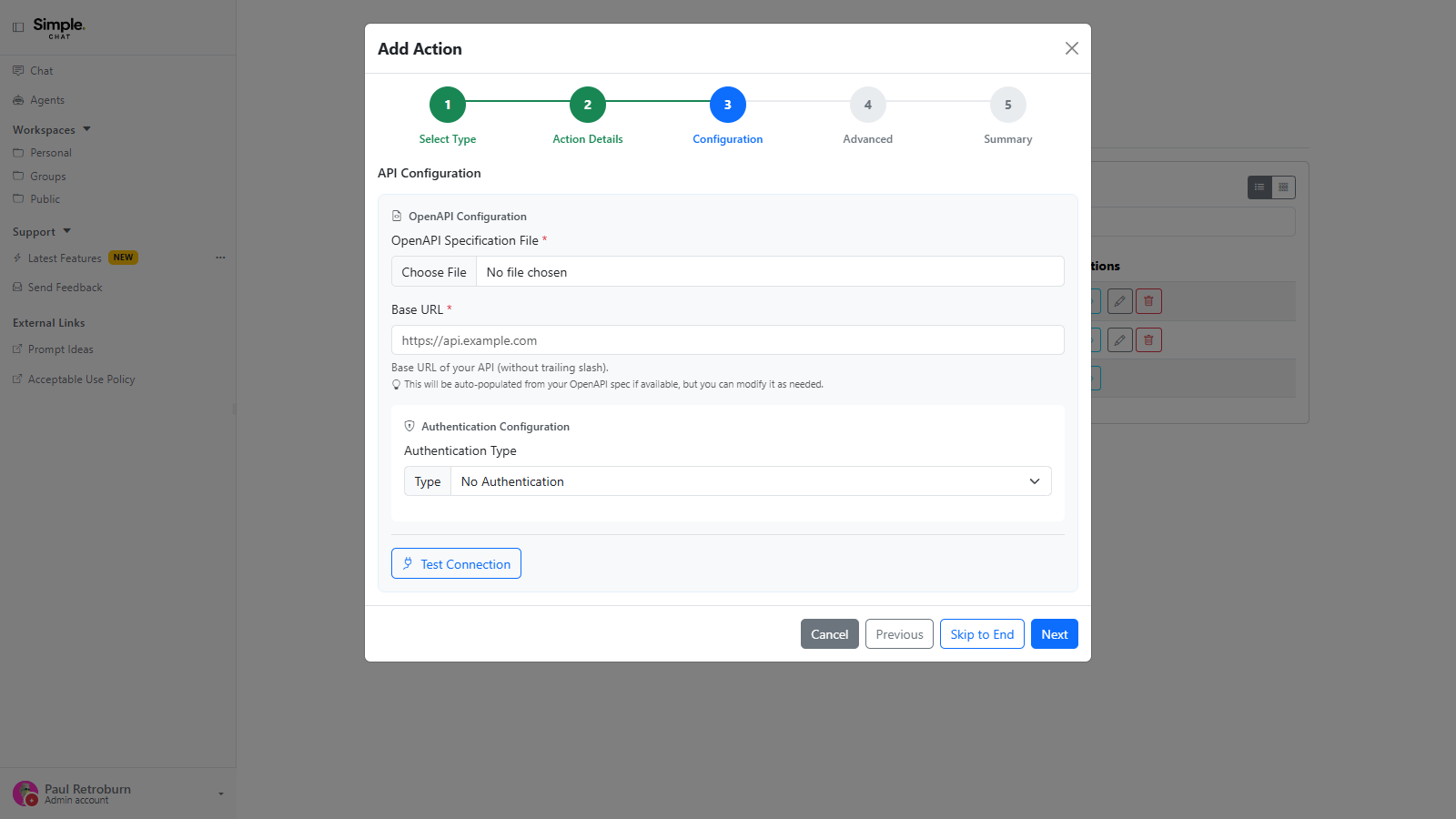 The API configuration pane showing the OpenAPI specification file picker, the base URL field with a note that it is auto-populated from the spec, the authentication type selector, and a Test Connection button.