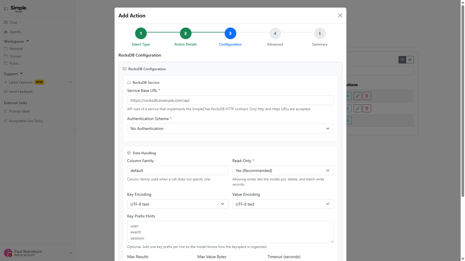 The RocksDB configuration pane showing the service base URL and authentication scheme, and data handling options for column family, read-only mode, key and value encoding, and key prefix hints.