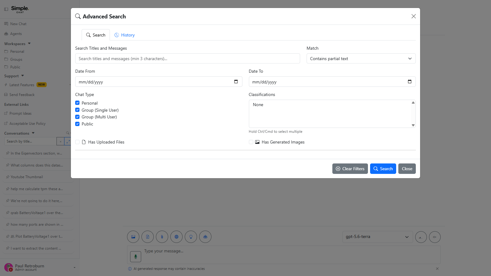 Search-in-conversation modal with Search, Previous, Next, Clear Filters, and Clear History controls.