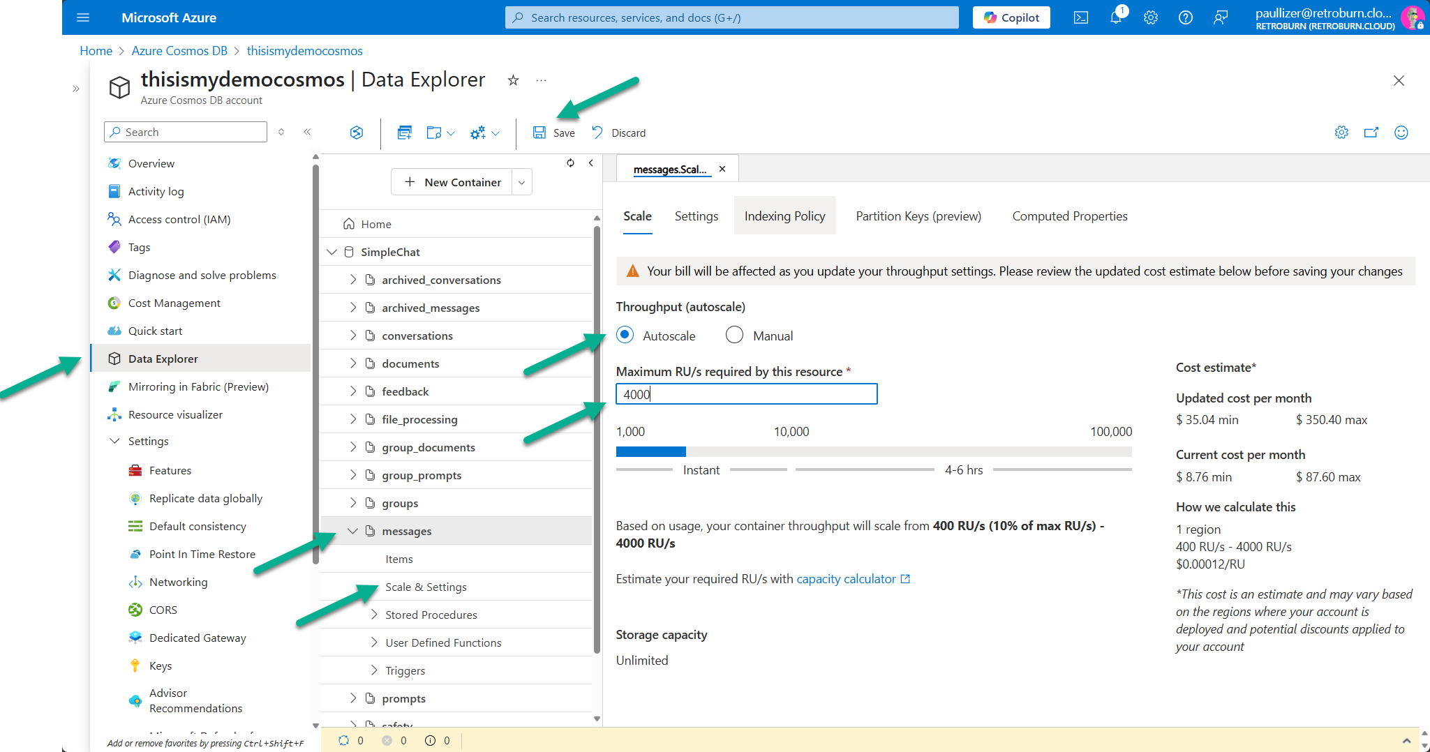 Scale - Cosmos DB Container Throughput Settings