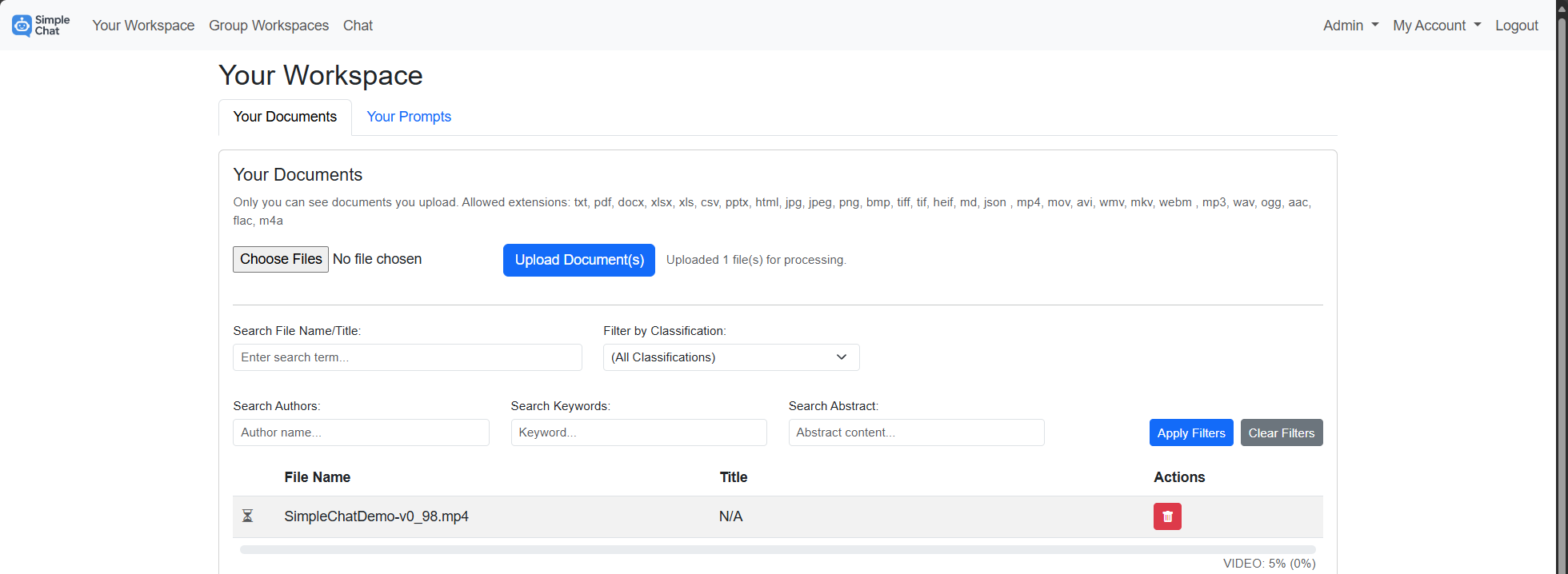 Workspace - Upload and process video file