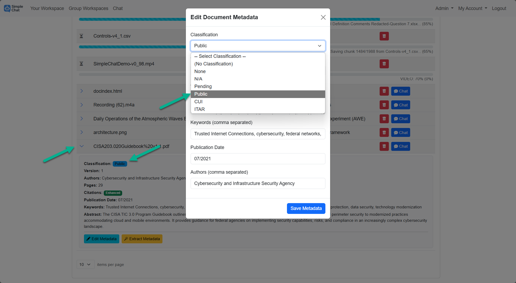 Workspace - View and update classification