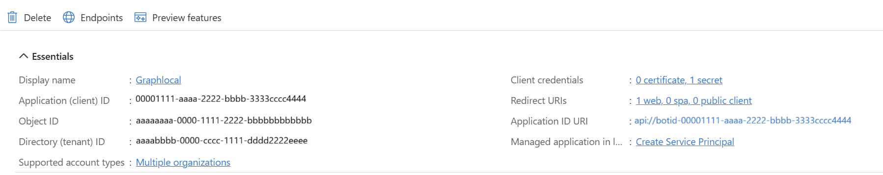 Screenshot of App Registrations pane in Azure Portal showing value of &#39;Create Service Principal&#39; under the &#39;Managed application in local directory&#39; field.