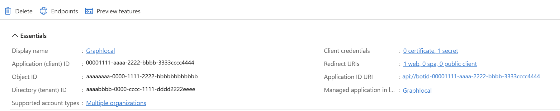 Screenshot of App Registrations pane in Azure Portal showing value of &#39;Graphlocal&#39; under the &#39;Managed application in local directory&#39; field.