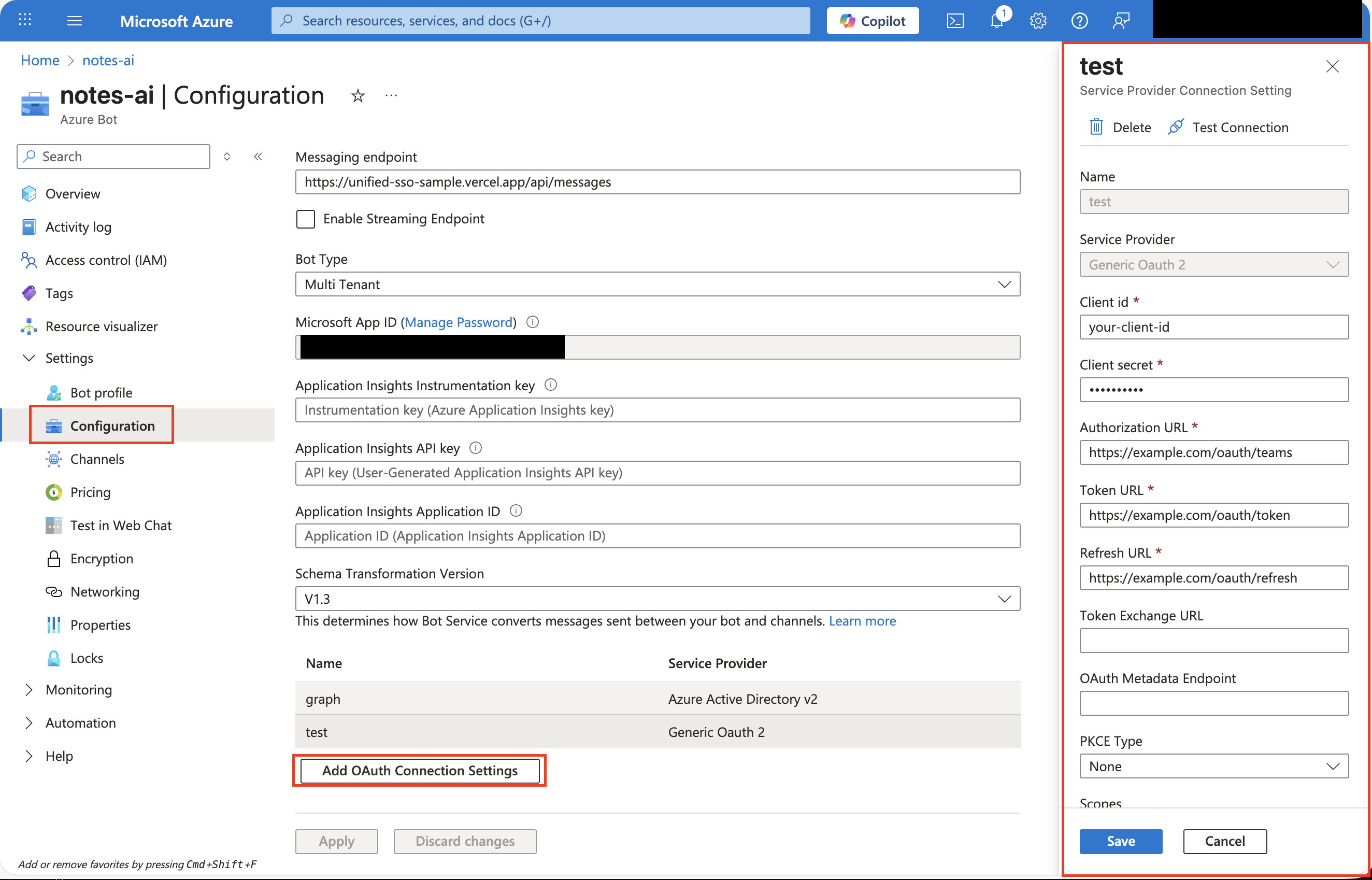 Screenshot showing Azure Bot custom OAuth connection settings.