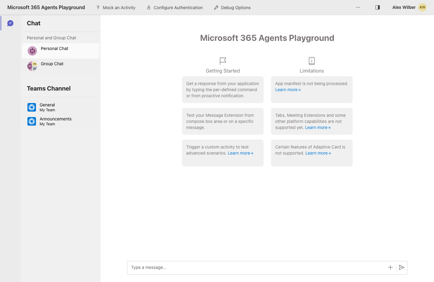 Microsoft 365 Agents Playground showing the welcome page with a sidebar listing Personal Chat, Group Chat, and Teams Channels, and a 'Type a message' compose box at the bottom.