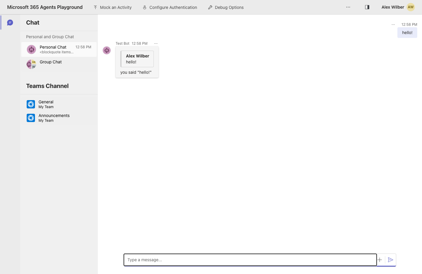 Microsoft 365 Agents Playground showing a user message 'hello!' and an agent reply 'you said "hello!"'.