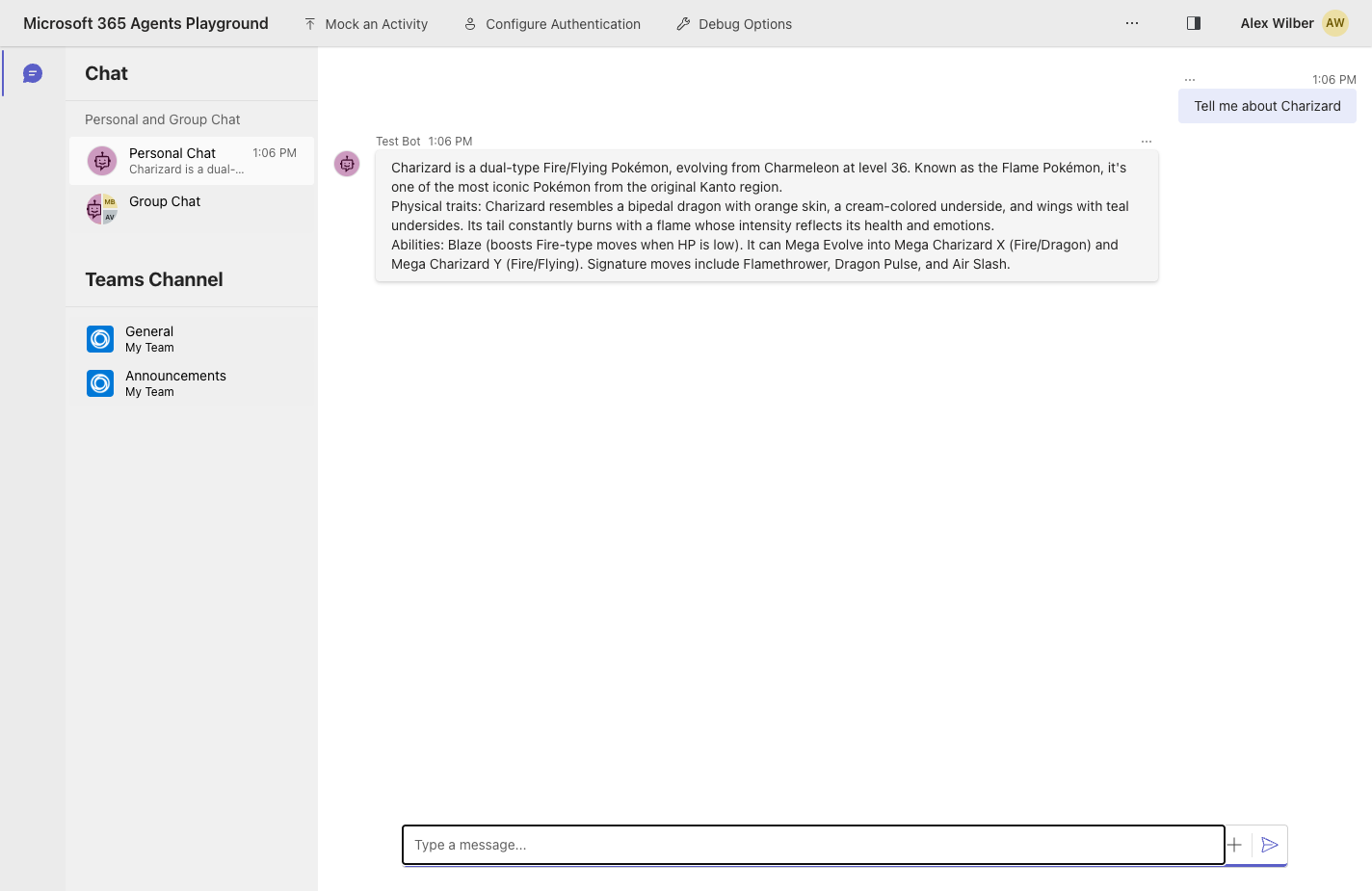 Microsoft 365 Agents Playground showing the user prompt 'Tell me about Charizard' and the agent's multi-paragraph reply with details about the Pokemon.