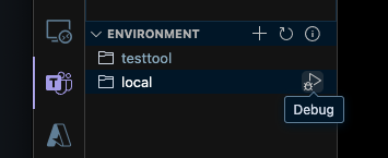 Screenshot of Microsoft 365 Agents Toolkit with 'Environment' section expanded and 'local' selected.