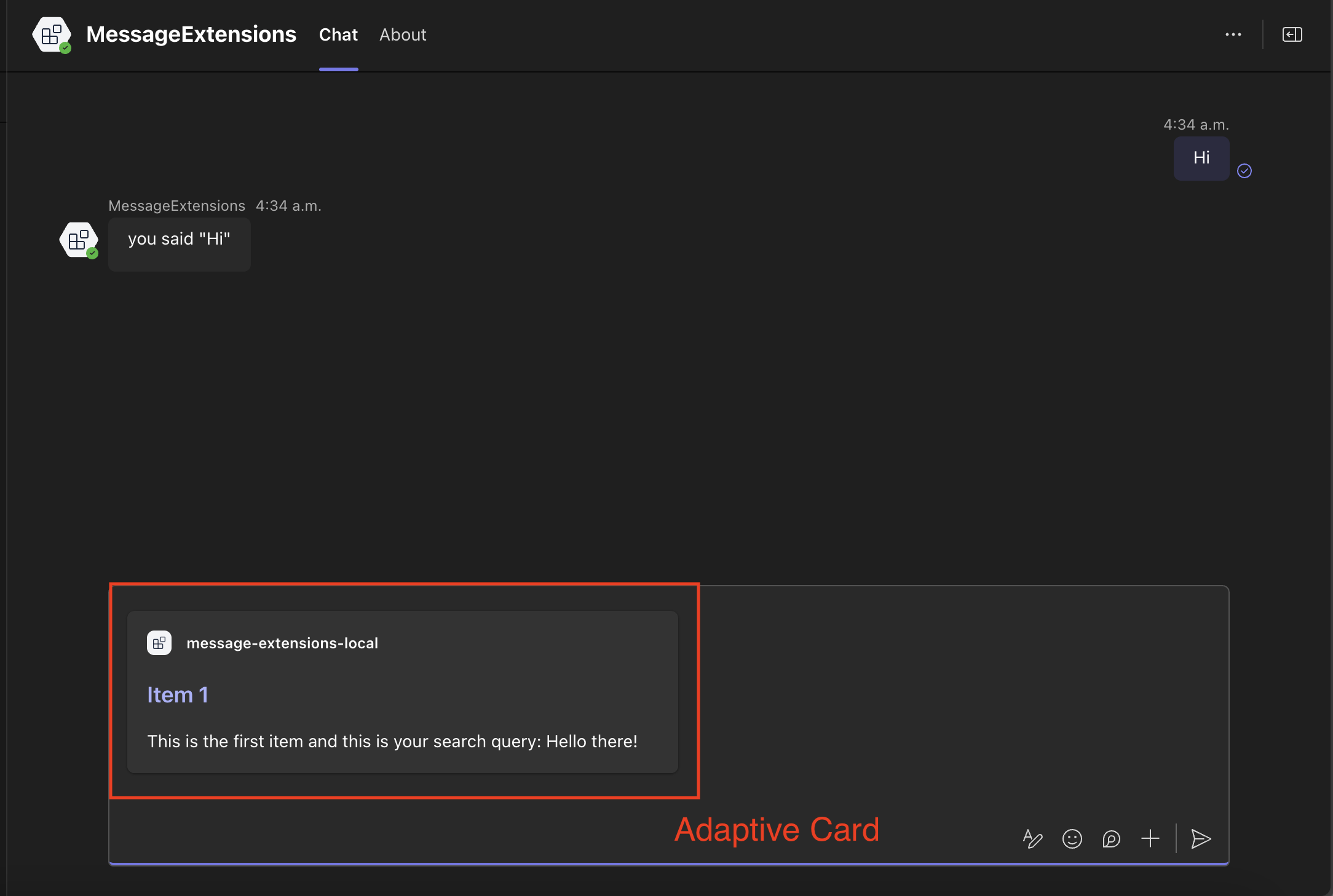 Screenshot of Teams showing the selected adaptive card added to the compose box.