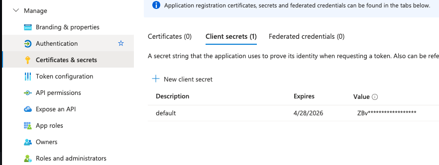 Secret in Certificates and Secrets
