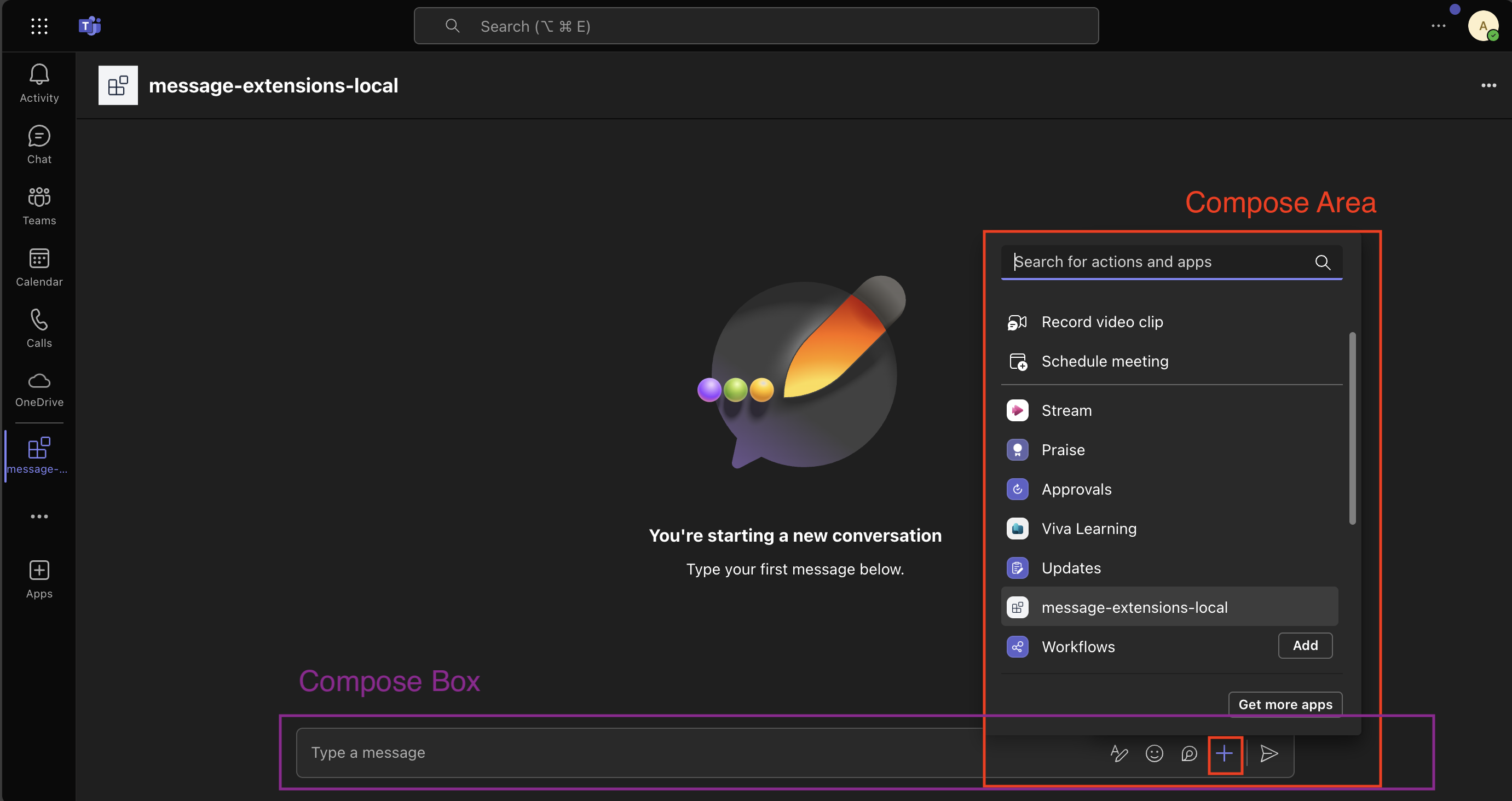 Screenshot of Teams with outlines around the 'Compose Box' (for typing messages) and the 'Compose Area' (the menu option next to the compose box that provides a search bar for actions and apps).