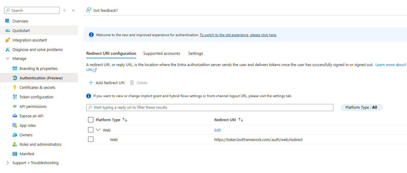 Entra auth redirect