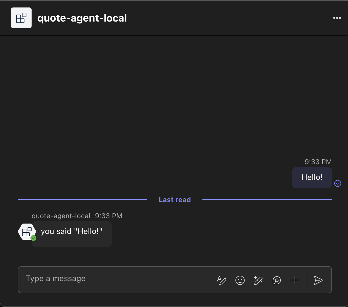 Screenshot of quote-agent-local agent running in Teams.