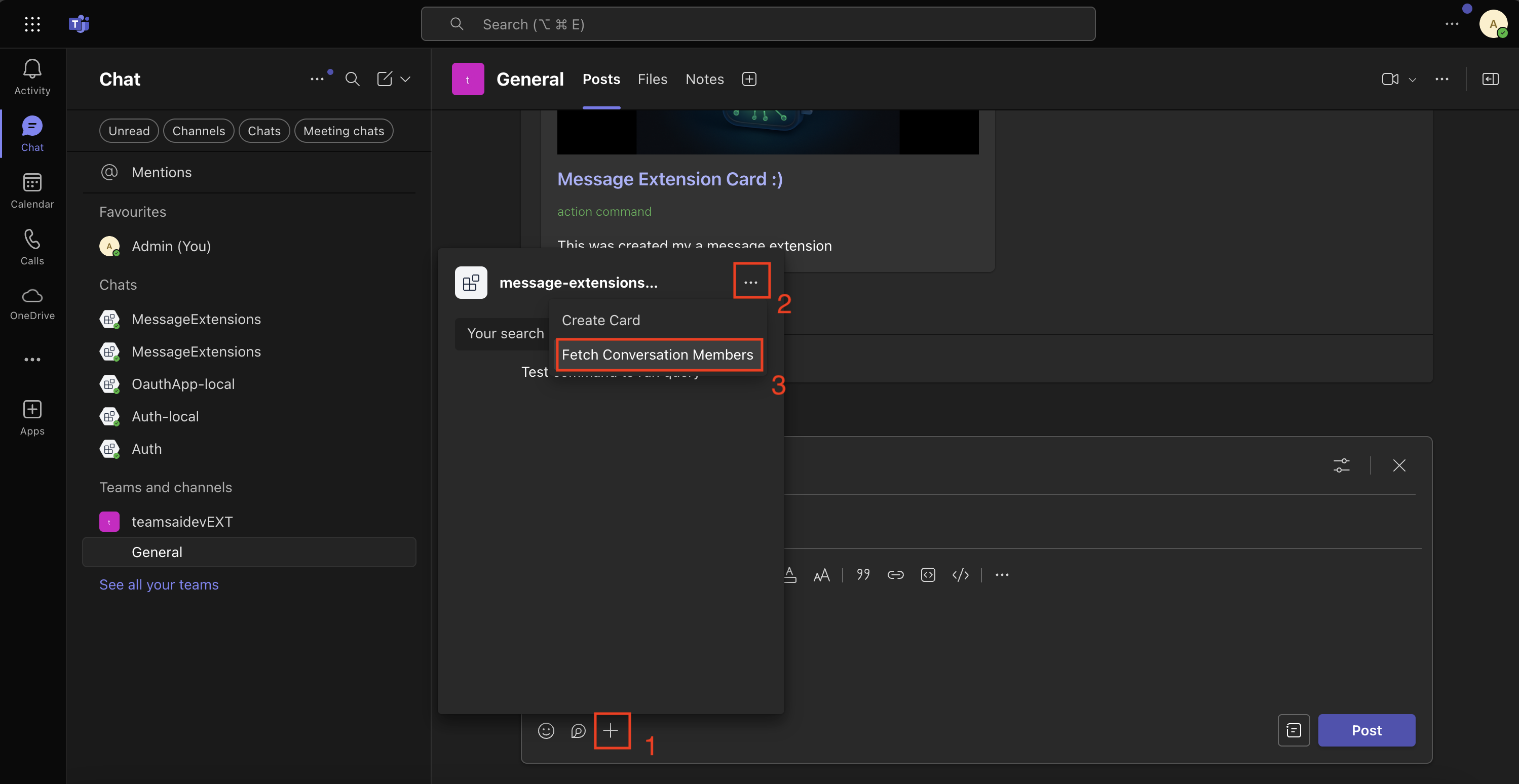Screenshot of the 'Fetch Conversation Members' option exposed from the message extension menu '...' option.