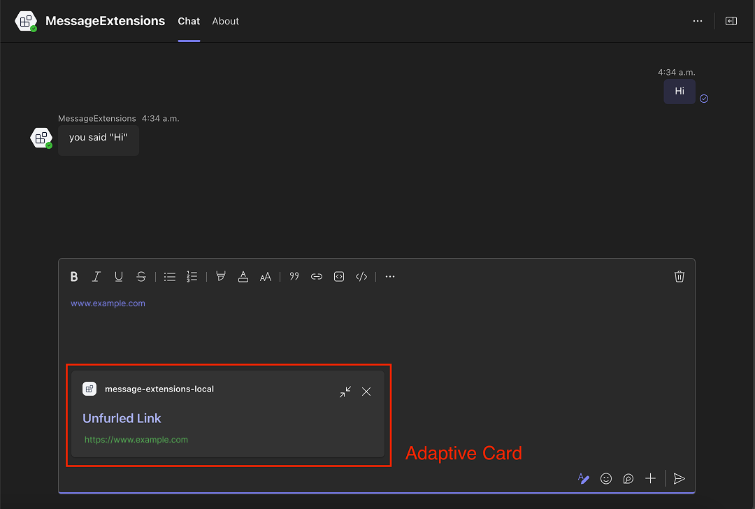 Screenshot of Teams compose box with an outline around the unfurled link card labeled 'Adaptive Card'.