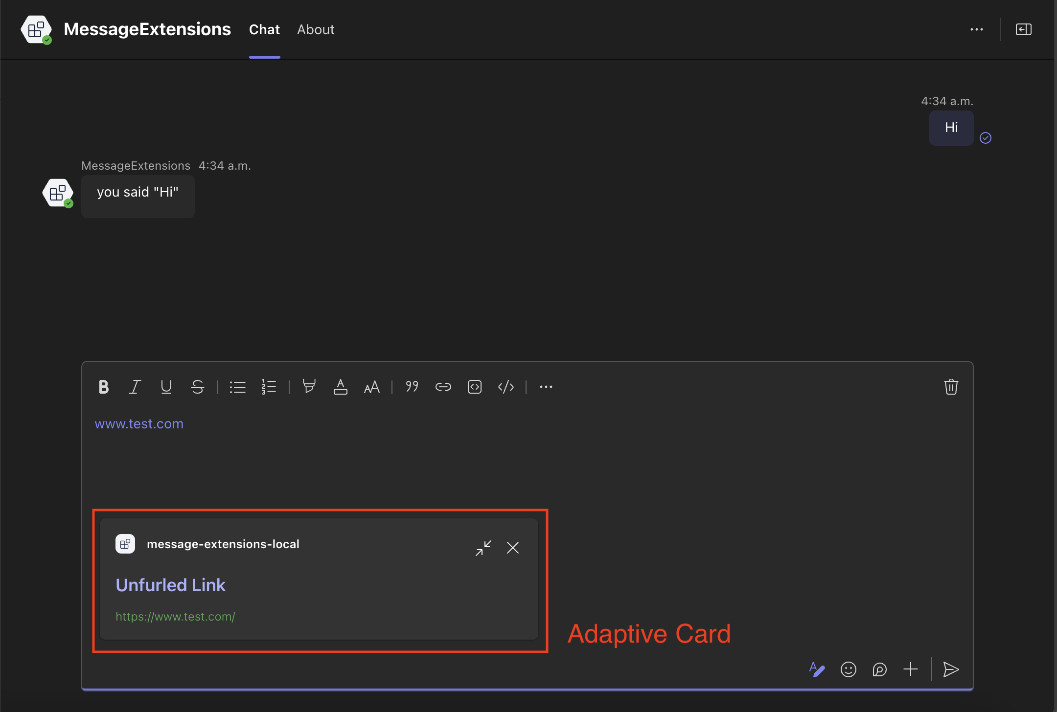 Screenshot of Teams compose box with an outline around the unfurled link card labeled 'Adaptive Card'.