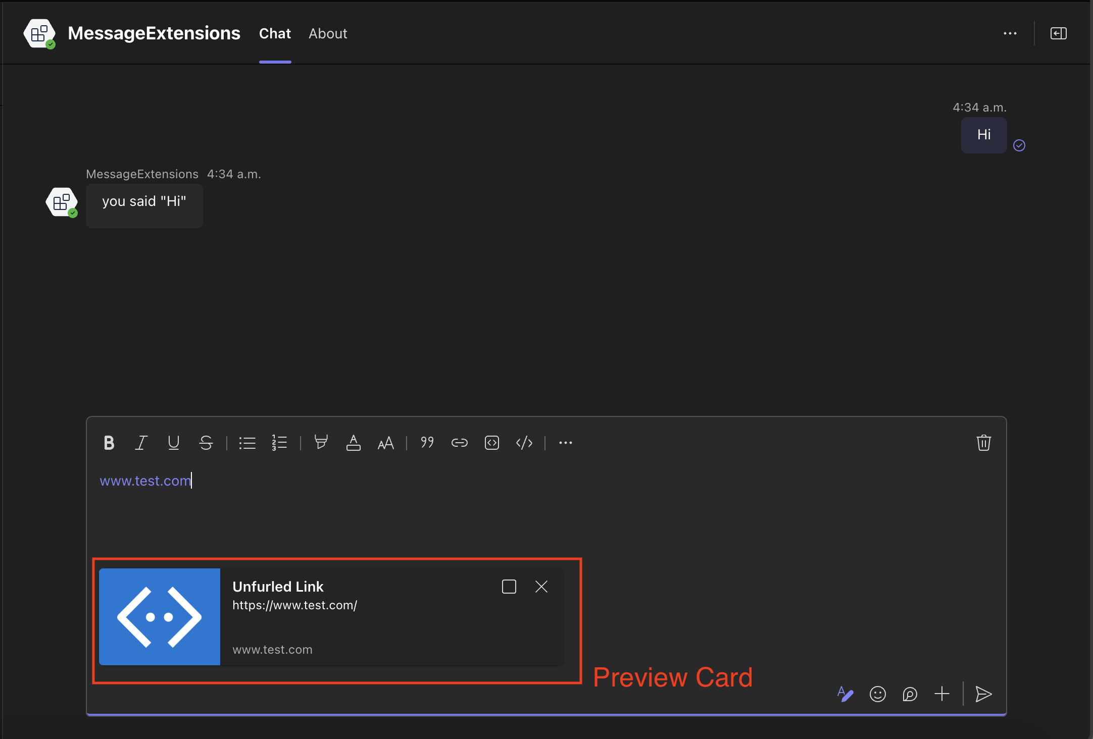 Screenshot showing a preview card for an unfurled URL in the Teams compose box.