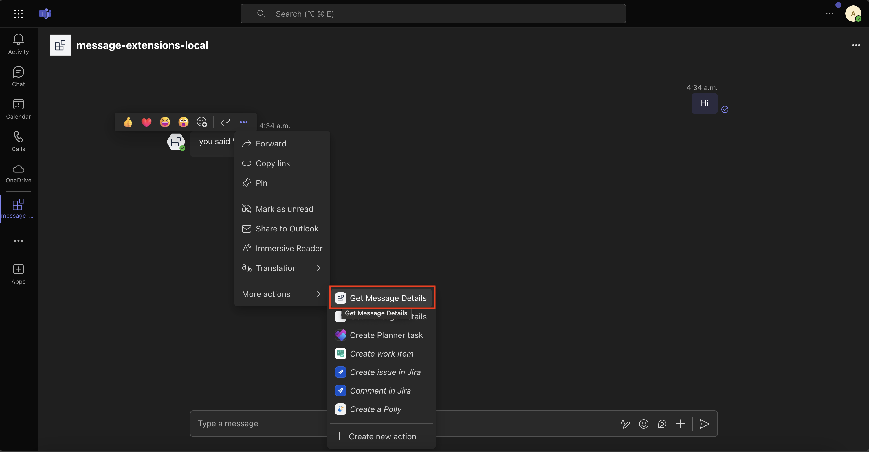 Screenshot of the 'More actions' message extension menu expanded with 'Get Message Details' option selected.