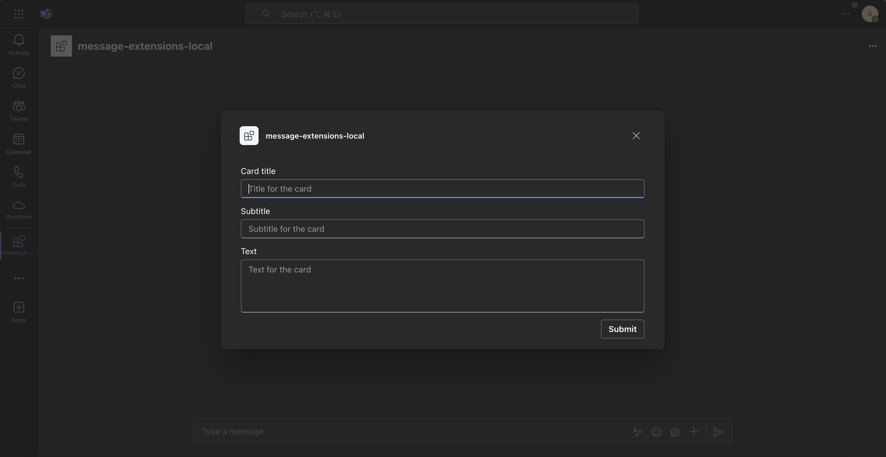 Screenshot of a message extension dialog with the editable fields 'Card title', 'Subtitle', and 'Text'.