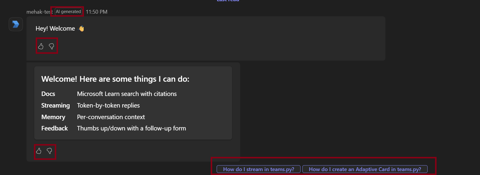 Screenshot of outgoing agent message to user marked with 'AI generated' badge, with thumbs up/down feedback controls below the message.