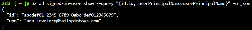 Command-line output with signed in user's Id and UPN from Entra ID.