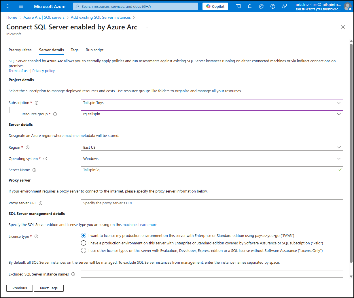 The Server details tab is populated with the values specified above.