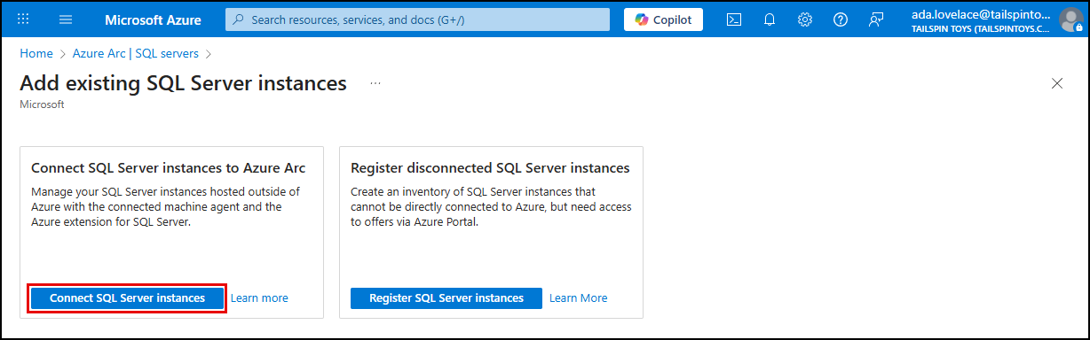 Connect SQL Server instances is highlighted within the *Connect SQL Server instances to Azure Arc tile.