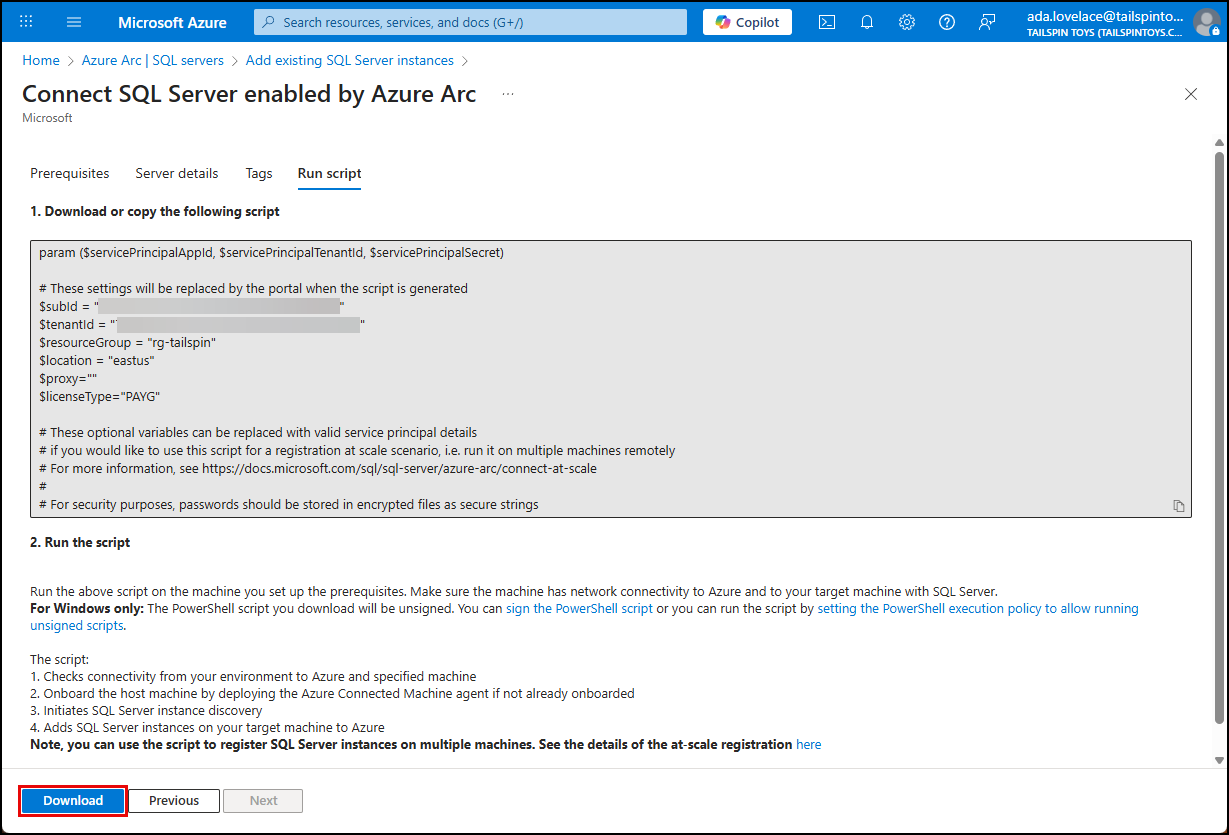 The Download button is highlighted on the Connect SQL Server enabled by Azure Arc page.