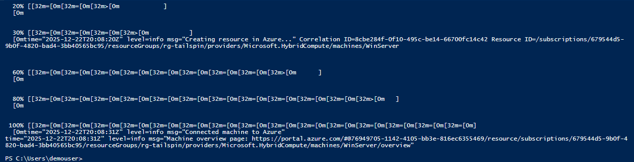 The command line output of the Azure Arc script is shown that includes the Connected machine to Azure message showing the script executed successfully.