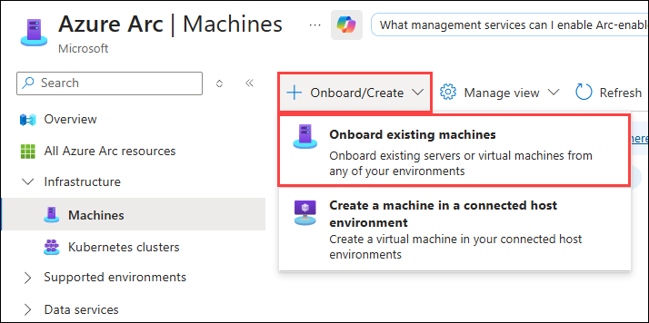The Azure Arc Machines pane is shown with the Onboard existing machines option highlighted from the + Onboard/Create menu.