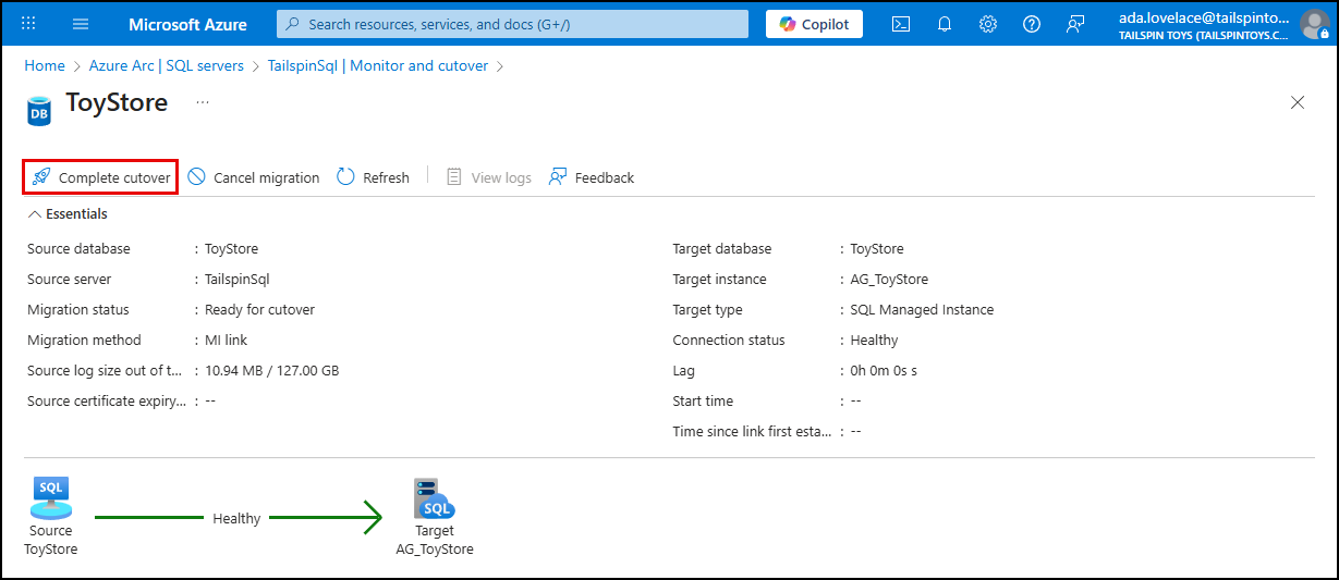 The complete cutover button is highlighted on the ToyStore migration job page.
