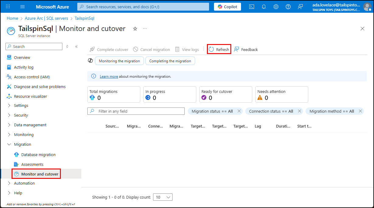The Monitor and cutover item in the left menu is selected and highlighted. The Refresh button on the toolbar is highlighted.