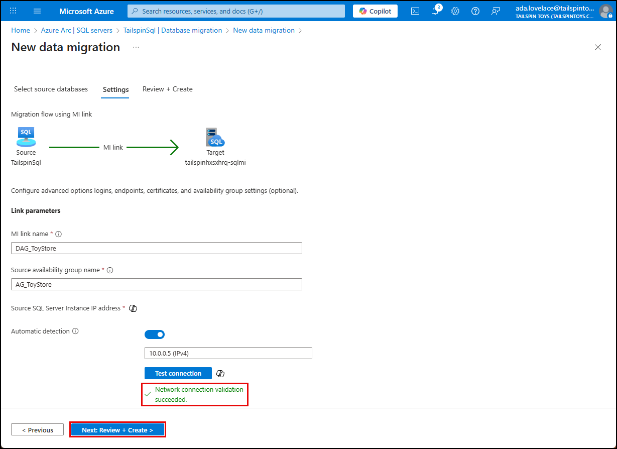 The network connection test succeeded message is highlighted under the Test connection button, and the Next button is highlighted.