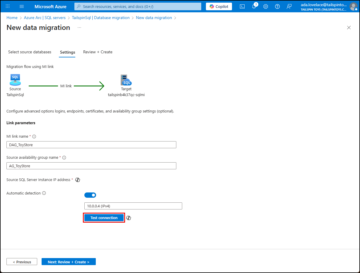 On the Setttings tab, the default values are entered adn the Test connection button is highlighted.