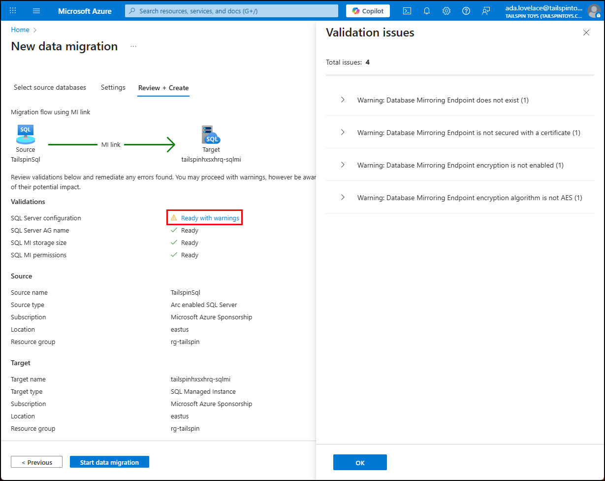 The Ready with warnings link is highlighted next to SQL Server configuration and the validation issues dialog is displayed.