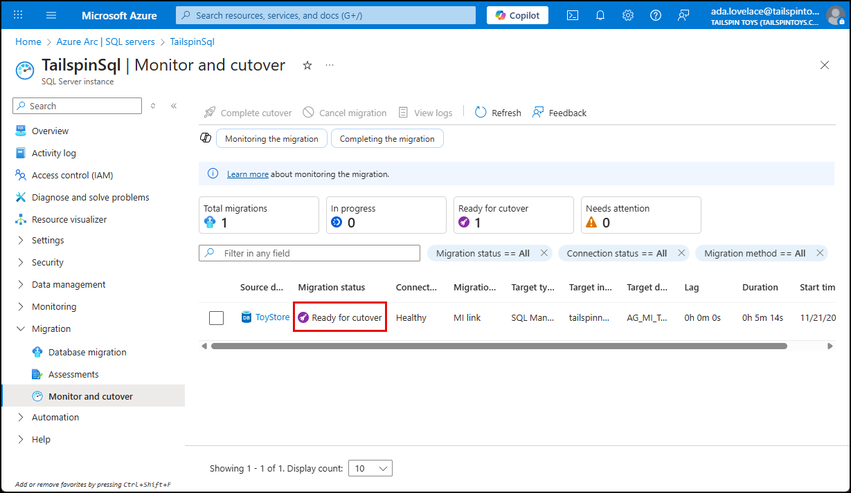 The Monitor and cutover page for migration is displayed and the ToyStore migration has a status of Ready for cutover highlighted.