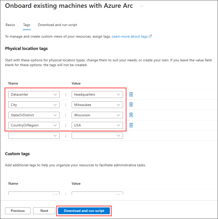 The Onboard existing machines with Azure Arc Tags pane is shown with the Datacenter, City, StateOrDistrict, and CountryOrRegion tag fields filled in and highlighted.
