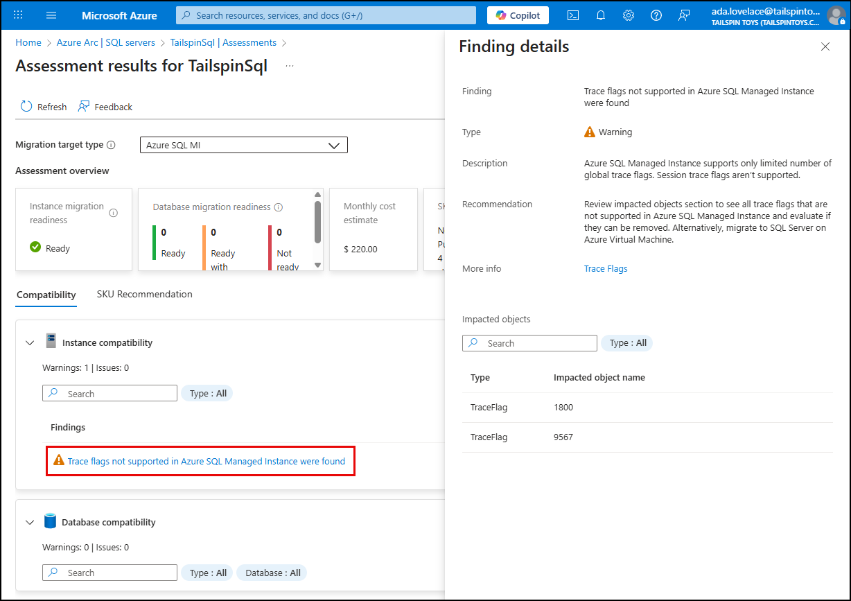 The trace flags not supported in Azure SQL Managed Instance were found warning is highlighted and the Finding details dialog is displayed.