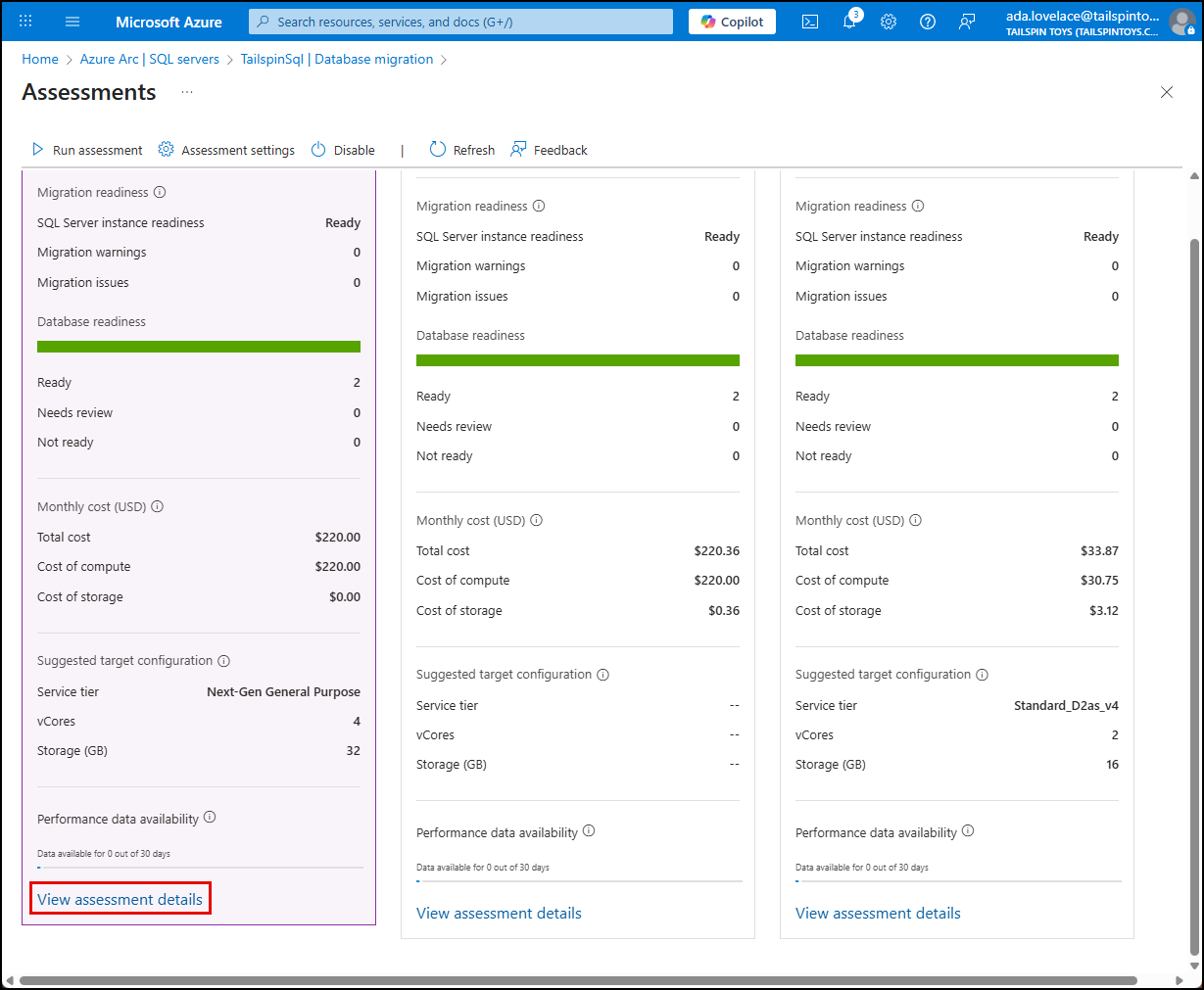 The View assessment details link at the bottom of the Azure SQL MI panel is highlighted.